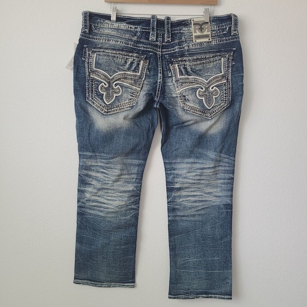 Rock Revival Waterfall Straight Distressed Denim Jeans Size 42x32 Blue